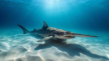 Sawfish gliding gracefully over sandy ocean floor its long toothed rostrum glowing faintly under soft ripples of sunlight captured with an underwater telephoto lens for dramatic scale photo