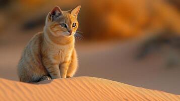 Sand cat sitting alert a dune as the desert twilight transitions to night its eyes glowing softly in the fading light captured with a telephoto lens for an intimate and dramatic portrait photo