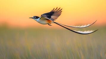 Scissor tailed flycatcher mid flight above grassy plain long tail feathers trailing elegantly behind it soars under a pastel sunset captured with a telephoto lens for sharp focus and dynamic motion photo