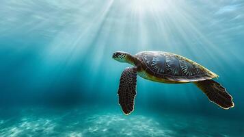 Sea turtle gracefully swimming near surface of ocean silhouetted against rays of sunlight filtering through clear blue water captured an underwater wide angle lens to highlight scale and setting photo