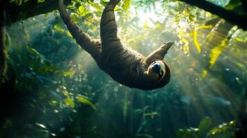 Sloth hanging upside down tree branch a dense rainforest with sunlight streaming through the canopy and creating a glowing rim light around its fur captured with backlighting for a serene ambiance photo