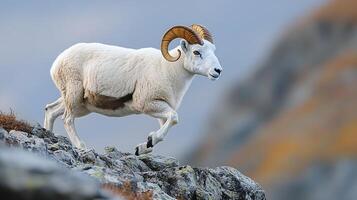 Snow sheep navigating rocky slope in the Siberian tundra its thick coat and curved horns glowing under soft diffused light captured with a telephoto lens for a dramatic composition photo
