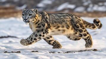 Snow leopard moving gracefully across glacial expanse its thick fur blending with the icy environment under diffused light captured with a telephoto lens for sharp focus and dramatic isolation photo