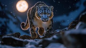 Snow leopard prowling through rocky mountain terrain under full moon its thick fur blending with the icy surroundings captured with a low light telephoto lens for sharp nocturnal detail photo