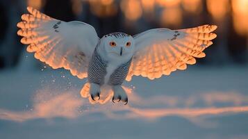 Snowy owl diving silently toward prey a snow covered tundra its wings spread wide and glowing in the soft twilight captured with a high speed telephoto lens for action realism photo