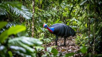 Solitary cassowary walking through rainforest its vivid blue and red skin contrasting with the lush green foliage captured with a shallow depth of field to isolate its striking form photo