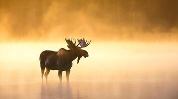 Solitary moose standing the shallows of a mist covered lake at dawn its antlers silhouetted against the rising sun captured with a telephoto lens for a peaceful and dramatic effect photo