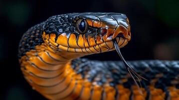 Spectacled cobra poised strike its hood fully expanded with its intricate scale patterns glowing under warm sunlight captured with a telephoto lens for intense focus photo
