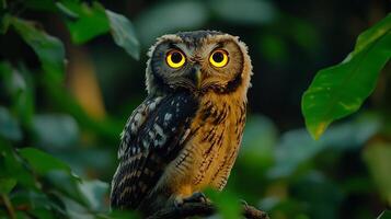 Spectacled owl perched low branch dense rainforest under moonlight large yellow eyes glowing softly surrounded silhouetted foliage captured with a low light telephoto lens for nocturnal ambiance photo