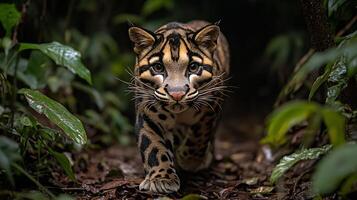 Sunda clouded leopard prowling silently through dense jungle its unique spotted coat blending with the shadows captured with a telephoto lens for dramatic focus photo