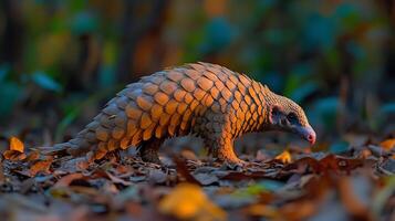 Sunda pangolin walking slowly across leaf littered floor of a Southeast Asian jungle its textured scales glowing softly under dappled sunlight captured with a low angle lens for immersive detail photo
