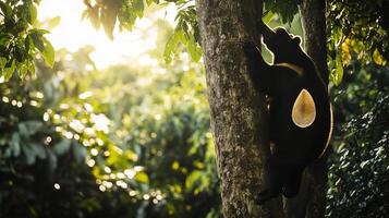 Sun bear climbing tree tropical forest its unique crescent shaped chest marking highlighted by soft sunlight filtering through the canopy captured with a telephoto lens for a natural and candid view photo