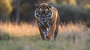 Tasmanian tiger walking cautiously through grassy field at dusk its striped body blending into the dim light with tall grass framing the scene captured with a telephoto lens for a rare intimate view photo