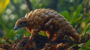 Sunda pangolin carrying baby on its back through a dense jungle their overlapping scales glowing faintly under dappled light captured with a telephoto lens for rare detail photo