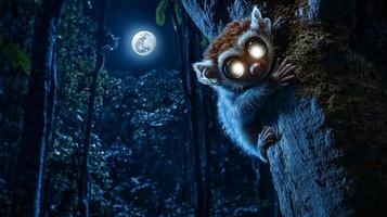 Sunda slow loris clinging tree branch under moonlight dense Southeast Asian forest its large reflective eyes glowing softly captured with a low light telephoto lens to enhance the nocturnal ambiance photo