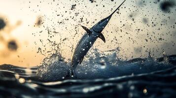 Swordfish leaping out of water during a hunt its streamlined body glistening in the sunlight with water droplets frozen mid air captured with a high speed telephoto lens for dynamic action photo