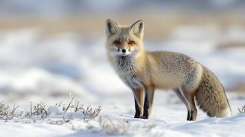 Tibetan sand fox standing alert a snow covered plain its square shaped face and dense fur illuminated by soft afternoon light captured with a telephoto lens for a crisp wildlife portrait photo