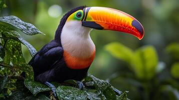 Toucan resting a thick jungle vine its large colorful beak glowing vividly against the lush green backdrop captured with a telephoto lens for vibrant focus photo