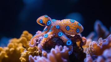 Tiny blue ringed octopus resting a coral reef its vibrant blue markings glowing vividly under soft underwater lighting captured with a macro lens for striking contrast photo