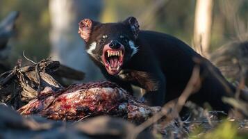 Tasmanian devil snarling it defends a carcass in the wilderness its teeth and expression highlighted dramatically with side lighting captured with a telephoto lens for intense focus photo