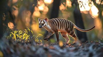 Thylacine walking cautiously along edge of a dense forest at dusk its striped body glowing faintly under fading sunlight captured with a telephoto lens for rare realism photo
