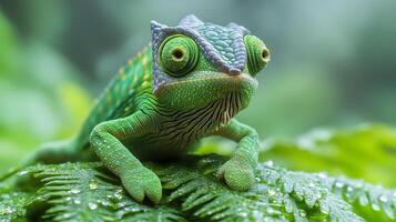 Tiny dwarf chameleon perched a dewy fern in a misty cloud forest its vibrant green scales blending with its lush surroundings captured with a macro lens for vivid texture photo
