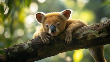 Tenkile tree kangaroo resting a thick branch in the rainforest canopy its soft fur glowing under scattered sunlight captured with a telephoto lens for serene detail photo