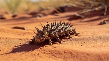 Thorny devil slowly crawling over red desert sands spiky body camouflaged perfectly against the rugged terrain captured with a macro lens for fine detail and texture photo