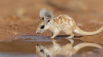 Tiny jerboa drinking a shallow pool in a desert oasis its long tail and ears framing its delicate posture captured with a low angle macro lens for a close up wildlife perspective photo