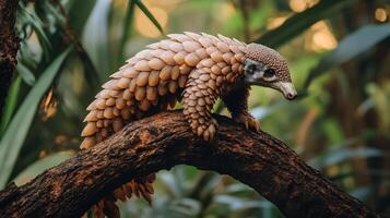 Tree pangolin climbing thick branch in a tropical rainforest its scaled body shimmering in the filtered sunlight captured with a telephoto lens for sharp natural detail photo