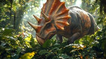 Triceratops grazing low hanging leaves lush prehistoric forest its textured frill glowing under soft sunlight filtering through the ancient canopy captured with a telephoto lens for realistic detail photo