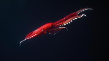 Vampire squid hovering the dark depths of the ocean its red body and glowing bioluminescent tips creating an eerie contrast captured with an underwater lens to enhance the mysterious ambiance photo