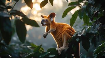 Tree kangaroo climbing through misty jungle canopy at dawn its golden fur glowing in the soft light surrounded by vibrant green leaves captured with a telephoto lens for serene focus photo