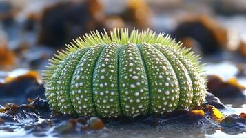 Vibrant green sea urchin nestled a tide pool its spines catching the soft light and creating dynamic shadows captured with a macro lens for intense close up focus photo