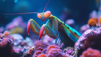 Vibrant mantis shrimp poised strike its prey on a coral reef its powerful claws glowing under soft underwater light captured with a macro lens for vivid texture and action photo