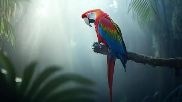 Vibrant scarlet macaw perched branch in the heart of the Amazon rainforest surrounded by lush greenery and misty light captured with a narrow depth of field to emphasize the birds colorful plumage photo