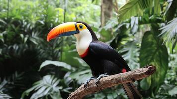 Vibrant toucan perched a branch in the heart of a tropical rainforest its colorful beak standing out against dense green foliage captured with a telephoto lens to highlight its beauty photo