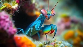 Vibrant peacock mantis shrimp emerging a coral crevice its colorful body illuminated by soft underwater light captured with a macro lens for vivid texture photo