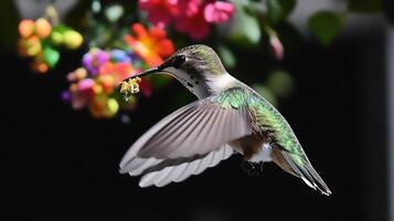 Vibrant hummingbird hovering mid air near cluster of colorful flowers its wings a blur of motion as it sips nectar captured with a high speed telephoto lens for crisp detail and motion freeze photo