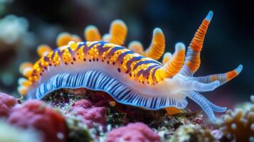 Vibrant nudibranch crawling across colorful coral delicate body glowing under soft underwater light captured with a macro lens for intricate close up detail photo