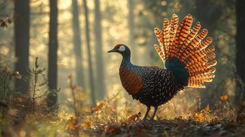 Western capercaillie displaying feathers in a dramatic courtship ritual in a sunlit forest clearing surrounded by tall pines captured with a telephoto lens for vivid focus photo