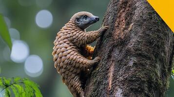 White bellied pangolin scaling trunk of a rainforest tree its armored body reflecting soft sunlight filtering through the canopy captured with a telephoto lens for vivid texture photo