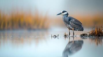 White eared night heron stalking prey a misty marsh its reflection shimmering in the shallow water captured with a telephoto lens for soft atmospheric detail photo
