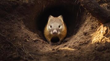 Wombat peering out of burrow in the Australian bush with soft light illuminating its fur and the textures of the surrounding earth captured with a low angle lens for an intimate perspective photo