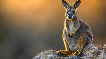 Yellow footed rock wallaby perched a rocky cliff in the Australian outback its colorful markings glowing under the soft light of sunrise captured with a telephoto lens for dynamic depth photo