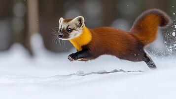 Yellow throated marten bounding through snow covered forest its vibrant fur glowing against the pristine white snow captured with a high speed telephoto lens for sharp focus and motion photo