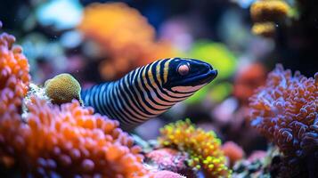 Zebra moray eel weaving through coral reef its striped body blending with the vibrant surroundings illuminated by soft underwater light captured with a macro lens for intricate detail photo