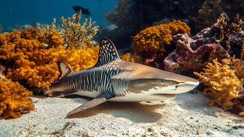 Zebra shark resting the sandy seafloor surrounded by vibrant coral its patterned skin illuminated by filtered sunlight captured with an underwater macro lens for vivid texture photo