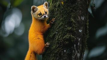 Yellow throated marten climbing moss covered tree in the heart of a jungle its vibrant fur glowing softly in the low light captured with a telephoto lens for a dramatic portrait photo