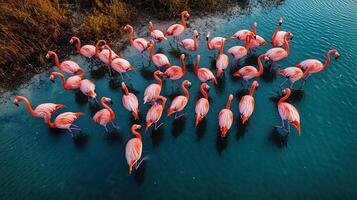 Aerial view of massive flock of flamingos wading shallow wetlands their pink feathers creating a striking contrast with the reflective blue water captured with a drone camera for intricate patterns photo
